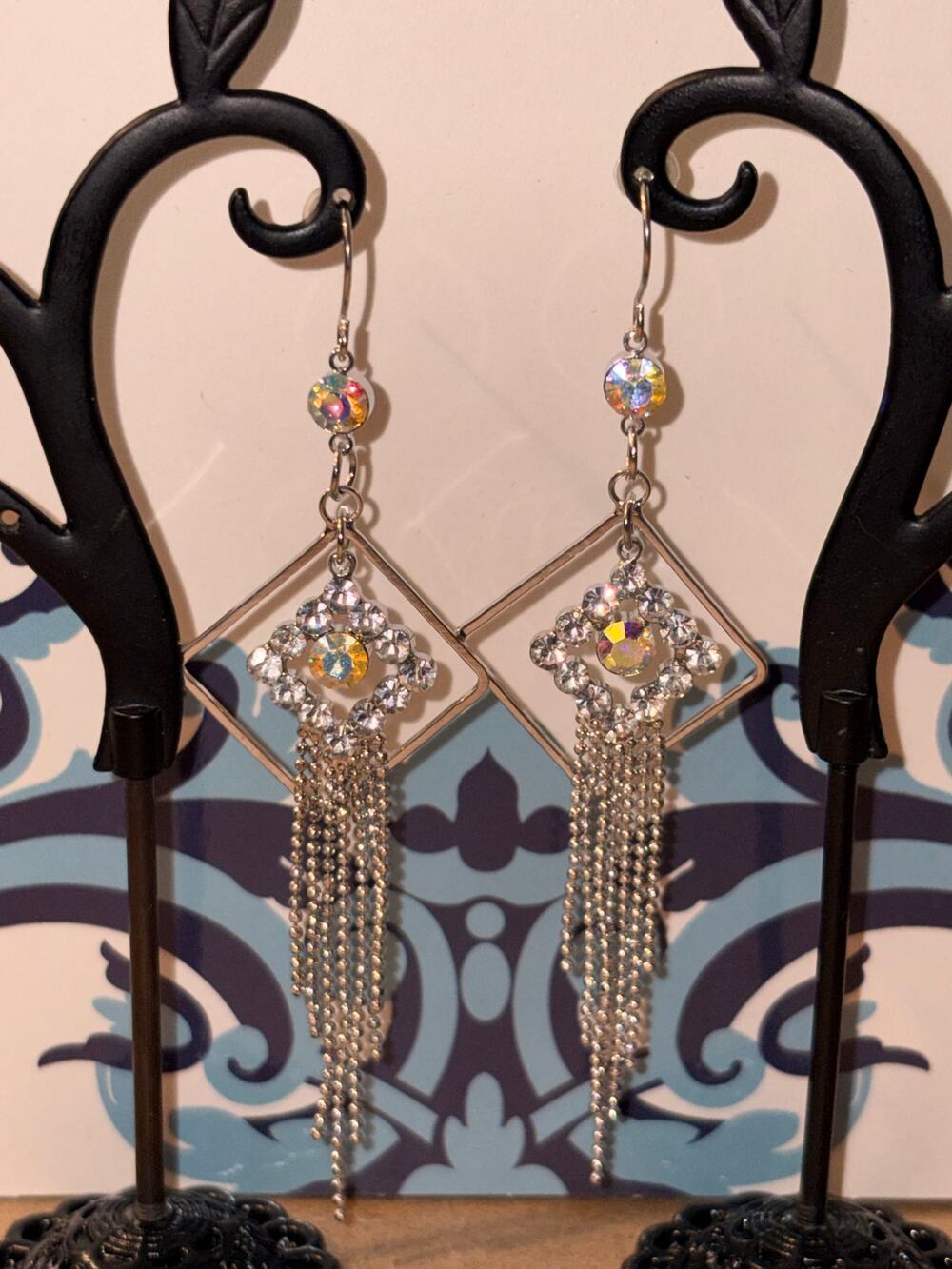 Silver Geometric Rhinestone Fringe Dangle Earrings
